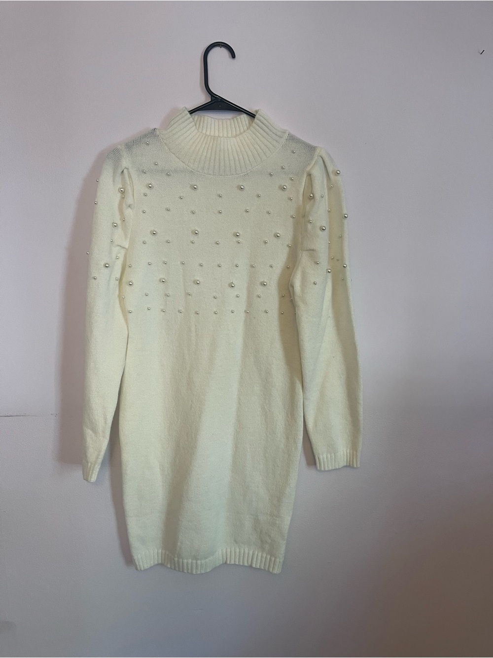 SHEIN Cream Pearl-Embellished Long Sleeve Knit Dress